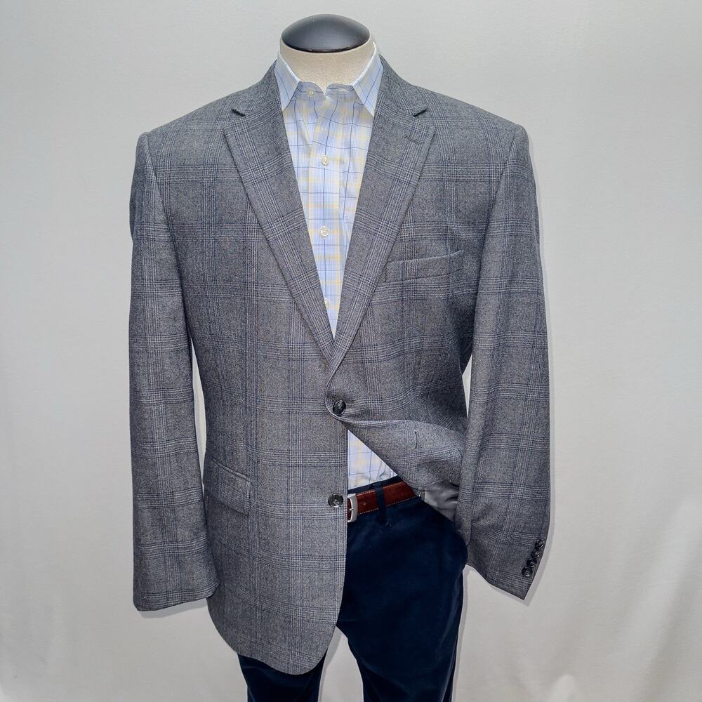 Jos A Bank Traveler Mens 44 Long Gray Plaid Wool 2 Button Blazer Suit Jacket